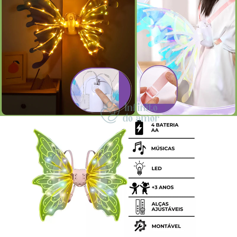 Asas com LED Movimento e Som Fantasia Infantil de Fada Vampiro Borboleta e Dragão
