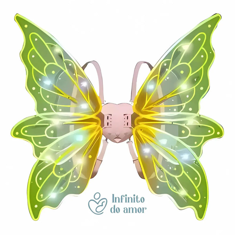 Asas de fada verde com LED Movimento e Som Fantasia Infantil 