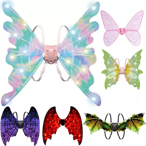 Asas com LED Movimento e Som Fantasia Infantil de Fada Vampiro Borboleta e Dragão