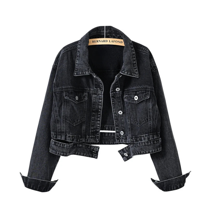 Jaqueta Feminina Jeans Casual Manga Comprida Com Cinto