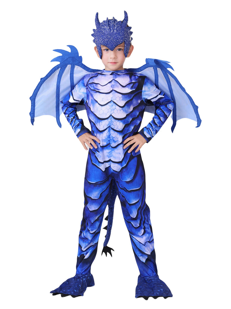 Fantasia Infantil Cavaleiro Dragão Azul Gélido com Asas e Máscara