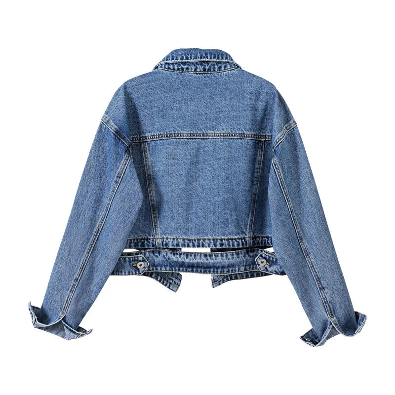Jaqueta Feminina Jeans Casual Manga Comprida Com Cinto