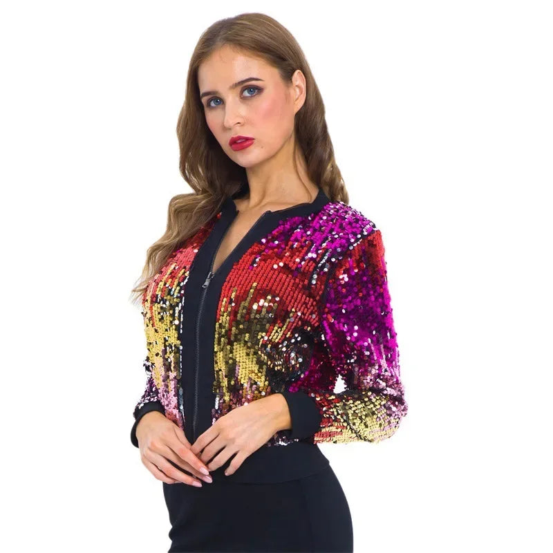 Jaqueta Feminina De Inverno Fina De Lantejoulas Estilo Europeu Com Ziper