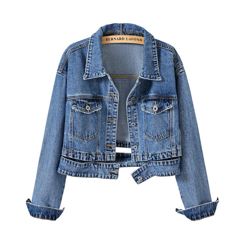 Jaqueta Feminina Jeans Casual Manga Comprida Com Cinto