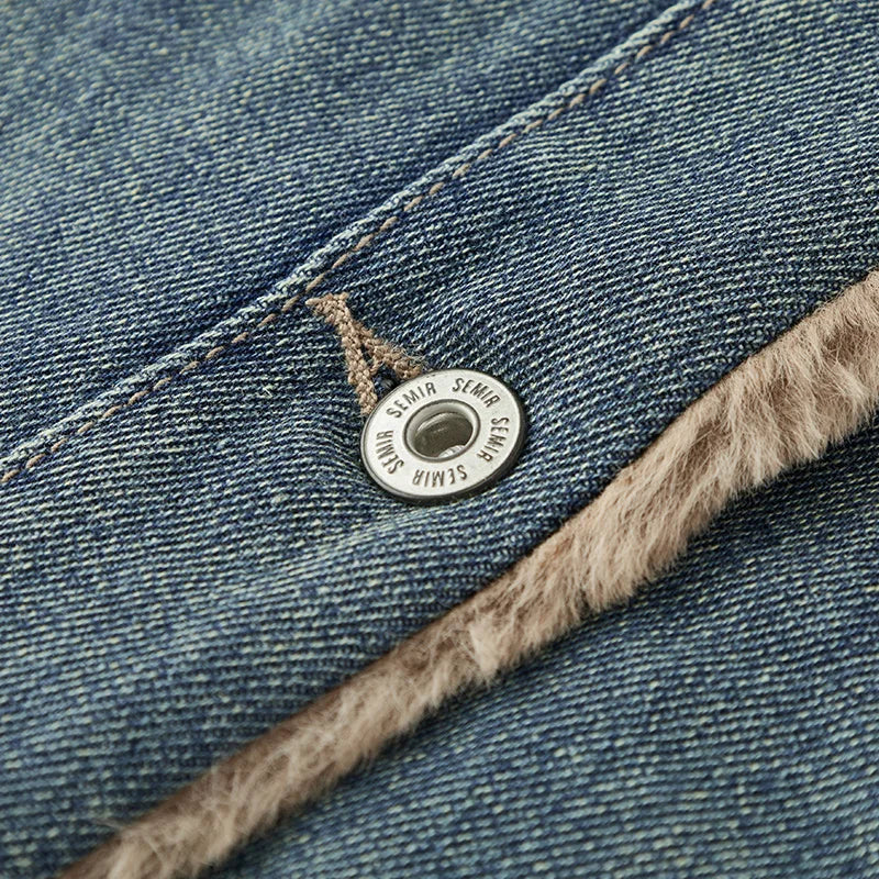Jaqueta  Feminina Jeans Gola De Pelucia Com Bolsos