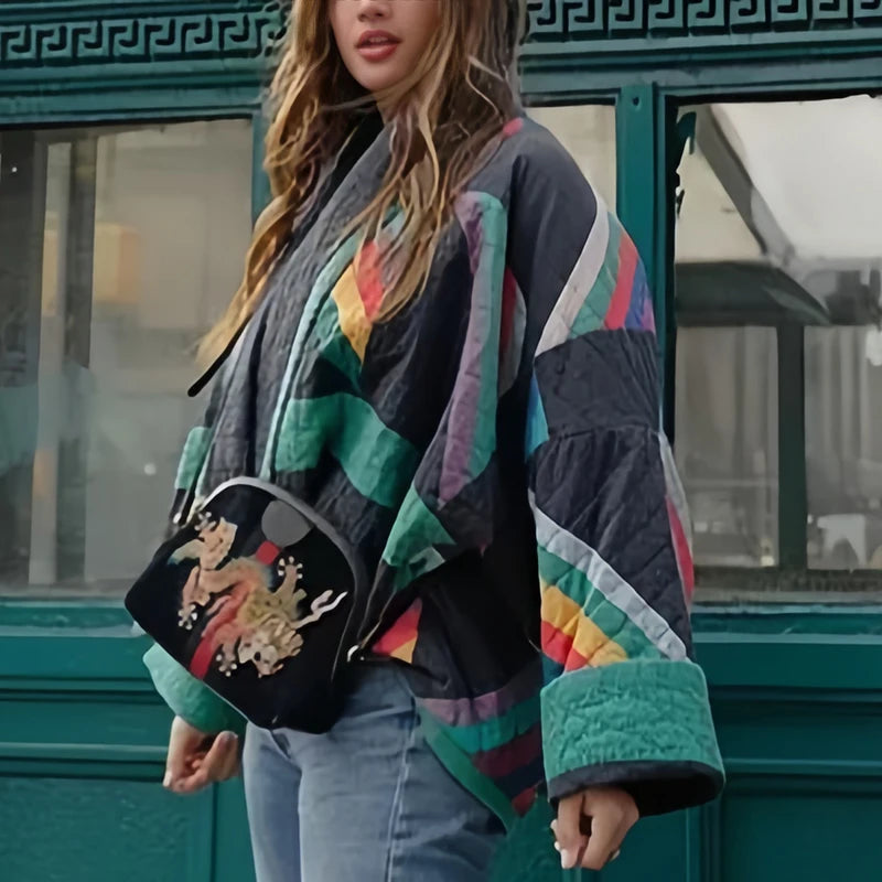 Jaqueta Feminina De Inverno Manga Longa Solta Estampa Geométrica