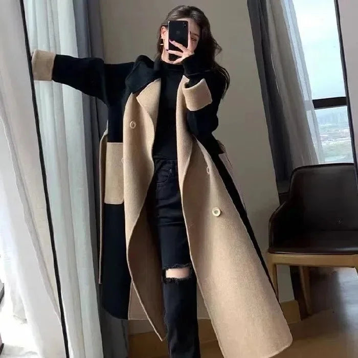 Jaqueta Feminina Comprida Plus Size Elegante Dupla Face Com Botões
