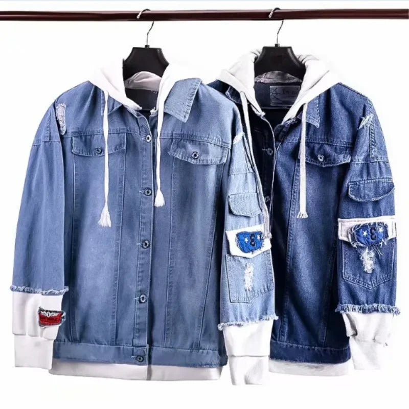 Jaqueta Masculina Jeans Com Capuz Duas Peças Estilo Chinês