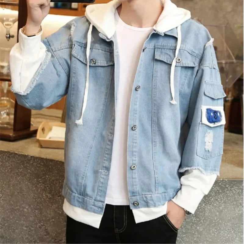Jaqueta Masculina Jeans Com Capuz Duas Peças Estilo Chinês
