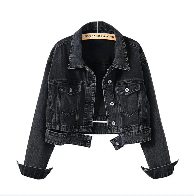 Jaqueta Feminina Jeans Casual Manga Comprida Com Cinto