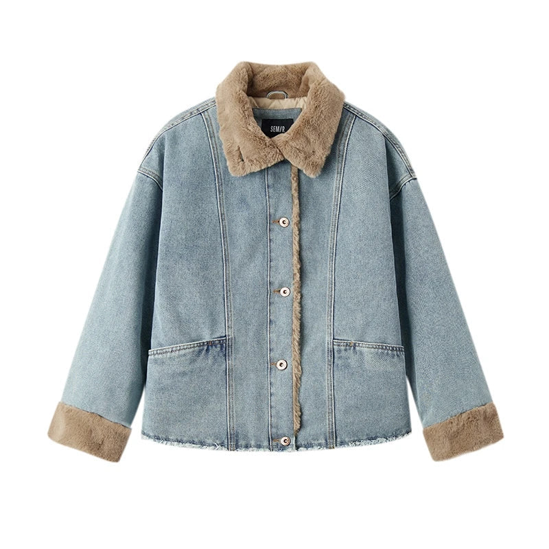 Jaqueta  Feminina Jeans Gola De Pelucia Com Bolsos