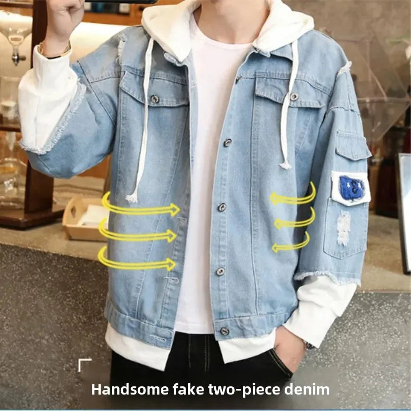 Jaqueta Masculina Jeans Com Capuz Duas Peças Estilo Chinês