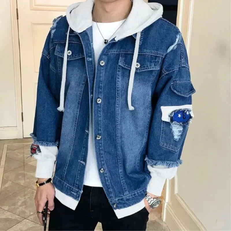 Jaqueta Masculina Jeans Com Capuz Duas Peças Estilo Chinês