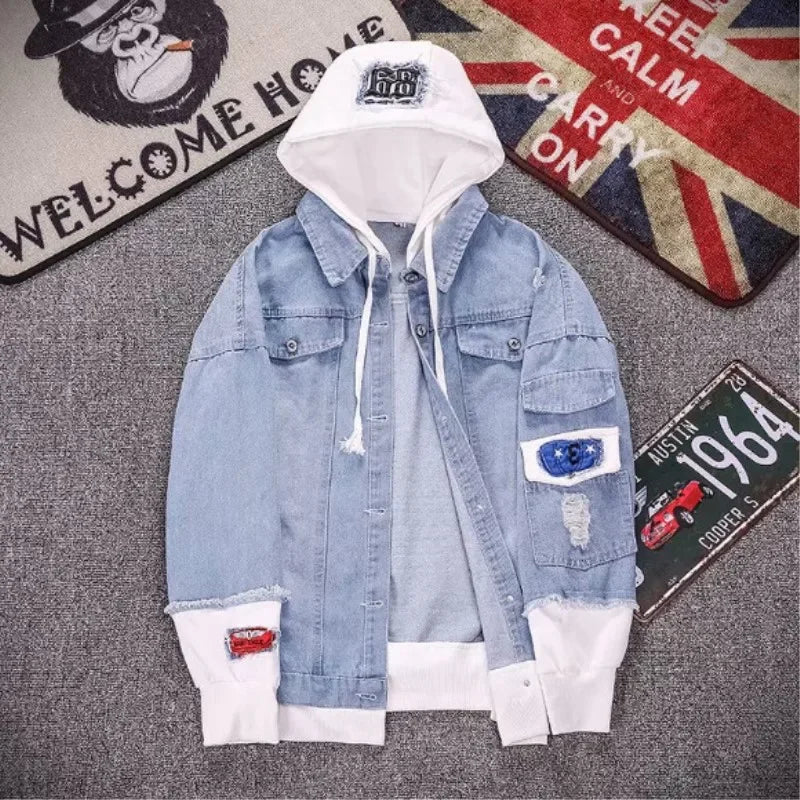 Jaqueta Masculina Jeans Com Capuz Duas Peças Estilo Chinês