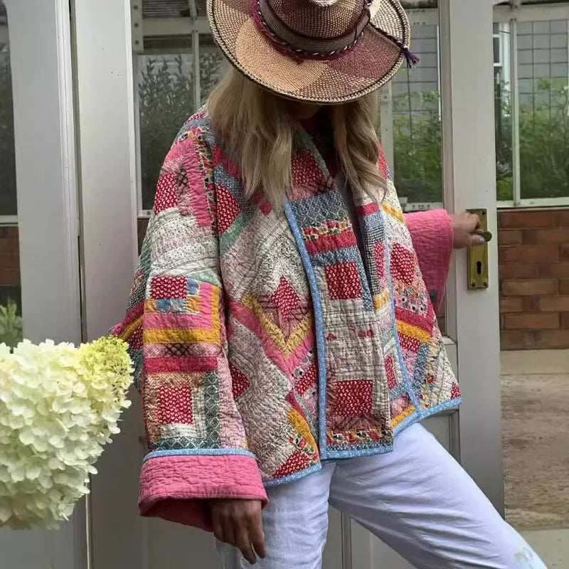 Jaqueta Feminina De Inverno De Algodão Solta Com Estampas De Retalho
