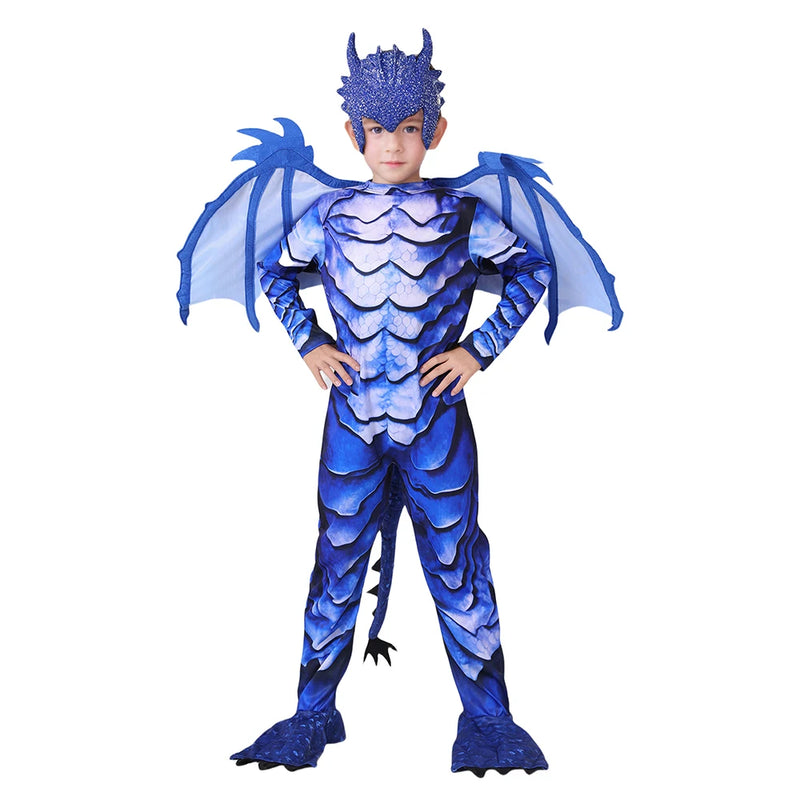 Fantasia Infantil Cavaleiro Dragão Azul Gélido com Asas e Máscara