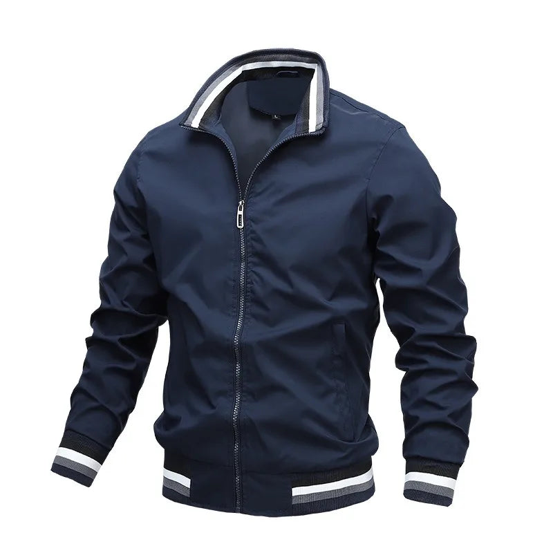 Jaqueta Masculina Casual Elegante Barra De Listra Gola Alta De Ziper