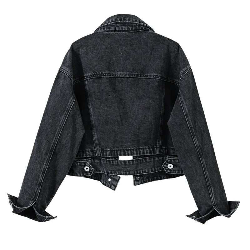 Jaqueta Feminina Jeans Casual Manga Comprida Com Cinto