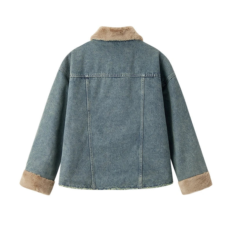 Jaqueta  Feminina Jeans Gola De Pelucia Com Bolsos