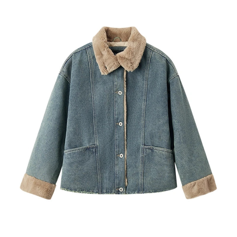 Jaqueta  Feminina Jeans Gola De Pelucia Com Bolsos