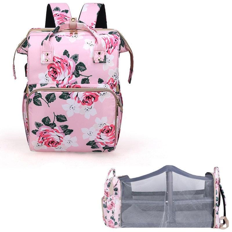 Mochila Bolsa Maternidade Que Vira Berço Premium Floral (Novidade) - Infinito do Amor